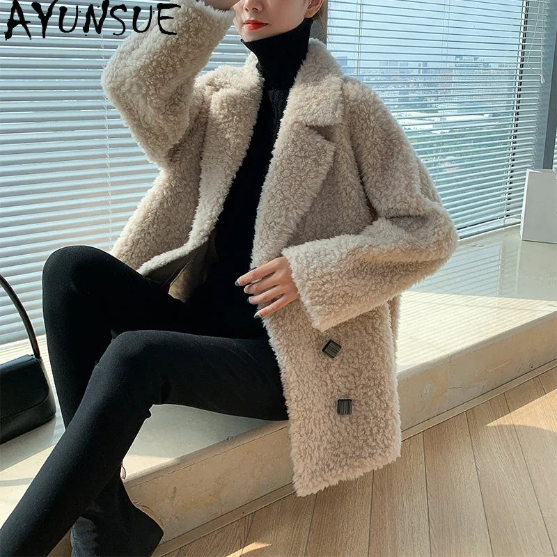 AYUNSUE Short Real Sheep Shearling Coat Female Winter 2021 Casual Korean Wool Jackets Women's Fur Coats Casaco Feminino Gxy431