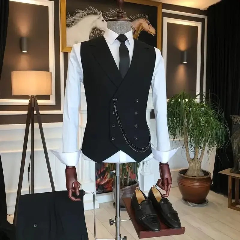 3Pieces Jacket Vest Pants Dark Burgundy Men's Suits Peak Lapel Blazer Formal Double Breasted Vest Wedding Party Tuxedos Male