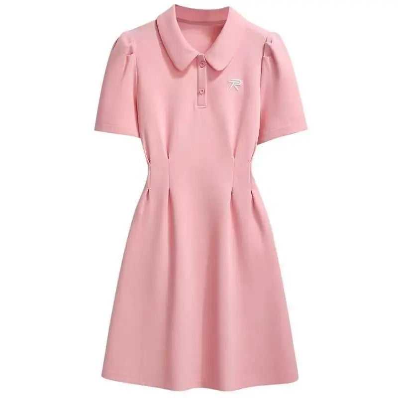 Women Preppy Style Clothing French Sporty Pink Polo T-shirt Dresses 2024 Summer New Lady Casual Embroidery Letter Solid Dress