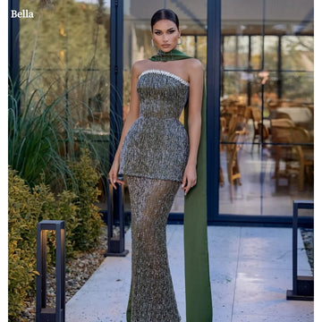 Bella Customized Gray Glitter Two-Piece Set Mermaid robes de soirée Strapless Evening Dresses Floor-Length Wedding Dress 2024