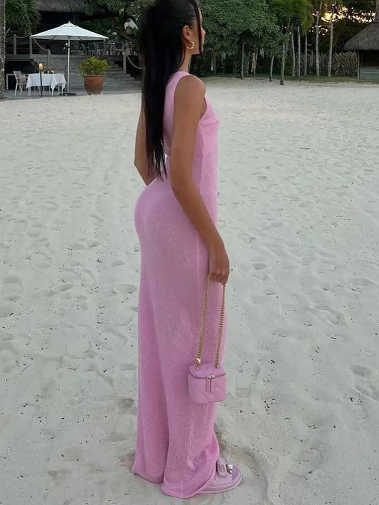 Fantoye Knitted Round Neck Ruched Women Maxi Dress Pink Sleeveless See Through Dress Femme Summer Skinny Elegant Party Beachwear