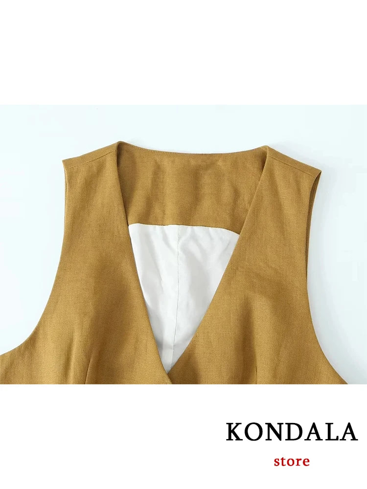 Kondala Office Lady Linen Brown costume Femmes V Neck Boutons simples VIET BLAZER + TAILLE HIGHT PANTAL LEG LAG FASH