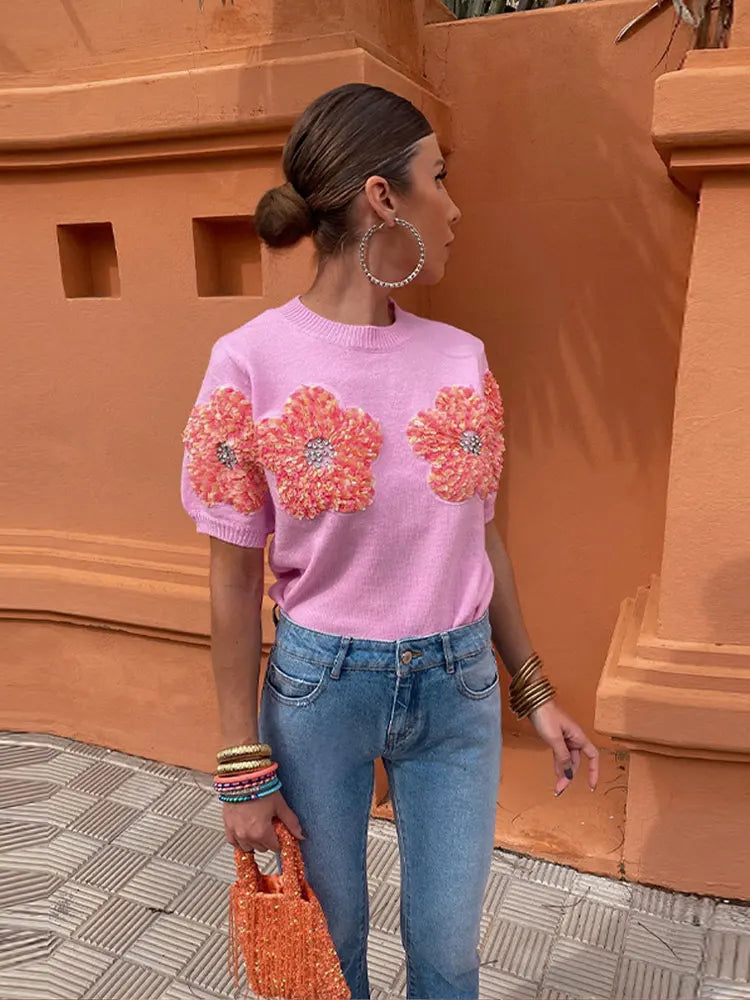 Fashion Women 3d Flower Sweater Elegant Lady O Neck Sweepleved Archever Tops 2024 Femenina Femenina Conjuntos callejeros de conmutación