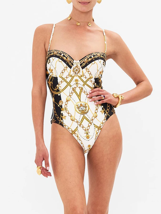 Courtl Vintage Gold Print One-piece Bikini Swimwear Costume Sexy Fashion Slim Fit Swimsuit With Long Trousers Beach Holiday 2024