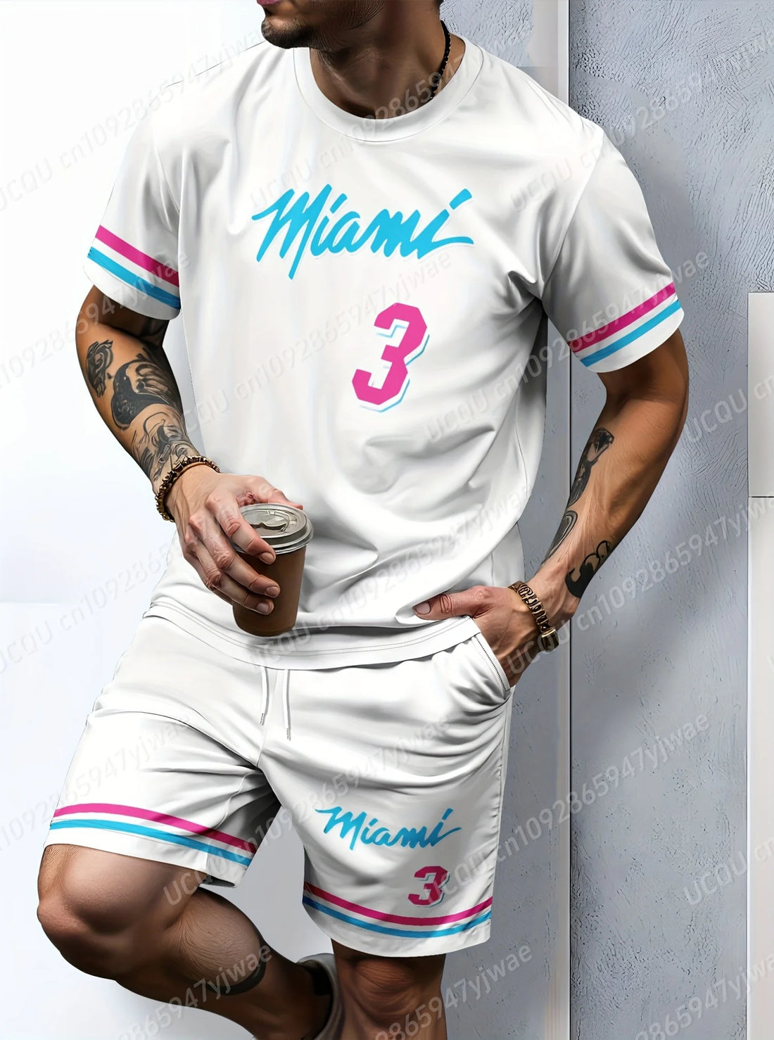 2025 Summer Men's Miami No.3 Printed Casual Sports Adult Basketball Jersey Jogging Set Tracksuit 2 Pieces Set Men Clothing