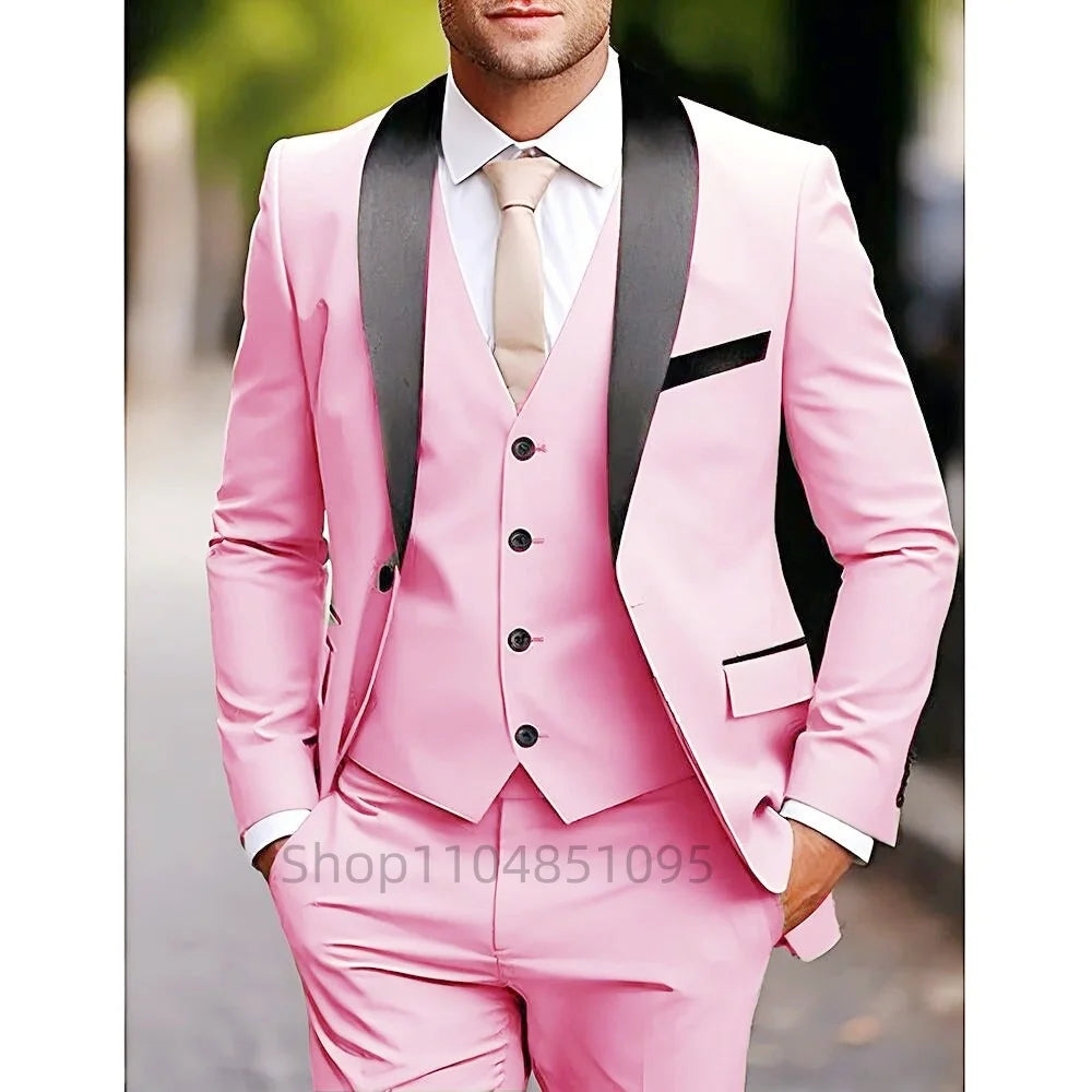 Classic Style Slim Fit Men Suits 3 Piece Groom Tuxedos Shawl Lapel Single Breasted Blazer Vest Pants Sets Business Men Clothing