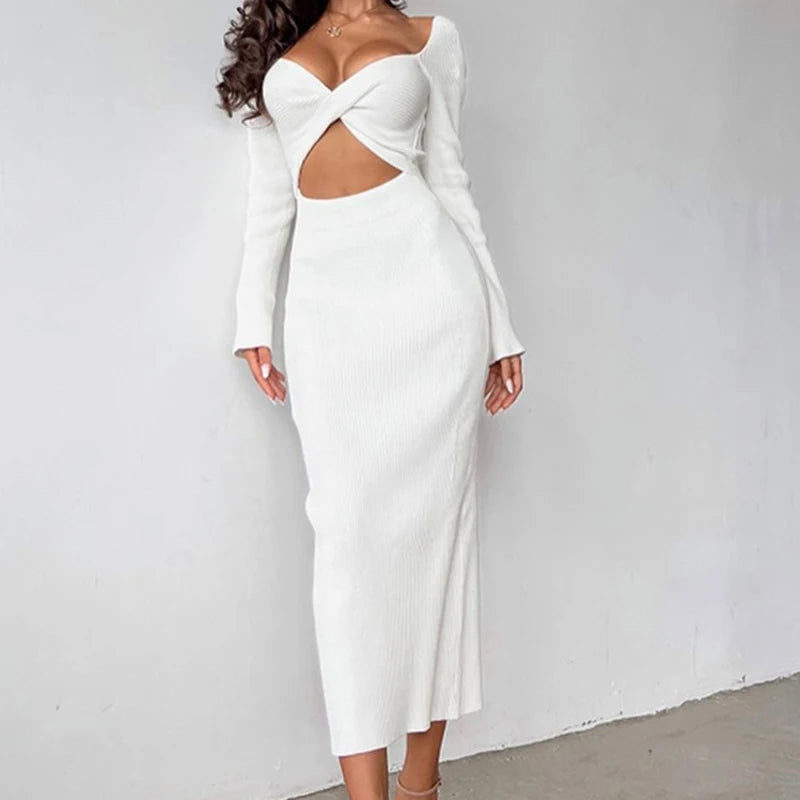 Otoño Nuevo Hot Hot White Long-Long-Engleto Onco de pecho Hueco Hueco High Wollow Crop Curd Top Elegant Knee Skirt Rib Tabet