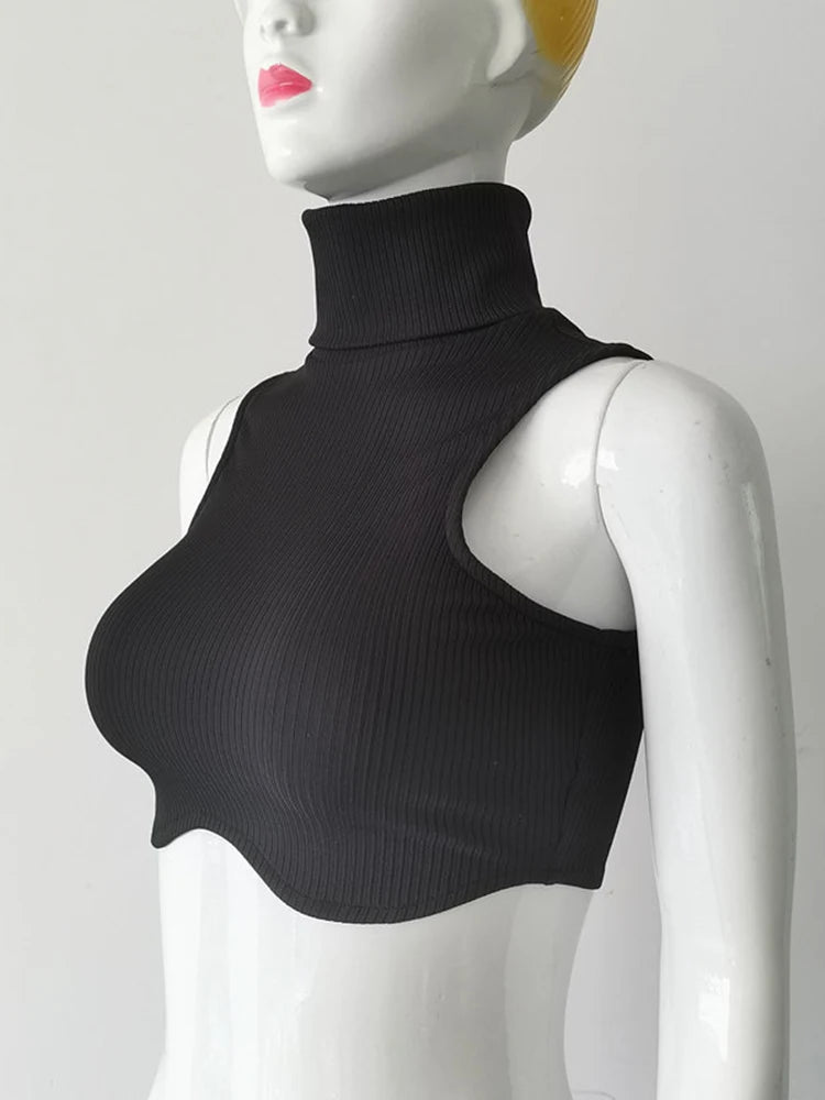 Y2k Black Knitting Turtleneck Crop Top Women Sexy Irregularity Skinny Elasticity Tank Top Fashion Club Top Streetwear