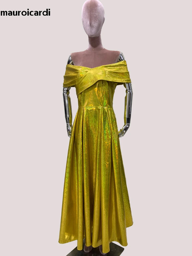 Mauroicardi Spring Long Luxury Elegant Chic Gold Pu Leather Evening Party Wedding Dresses for Women Off Shoulder Lace Up Clothes