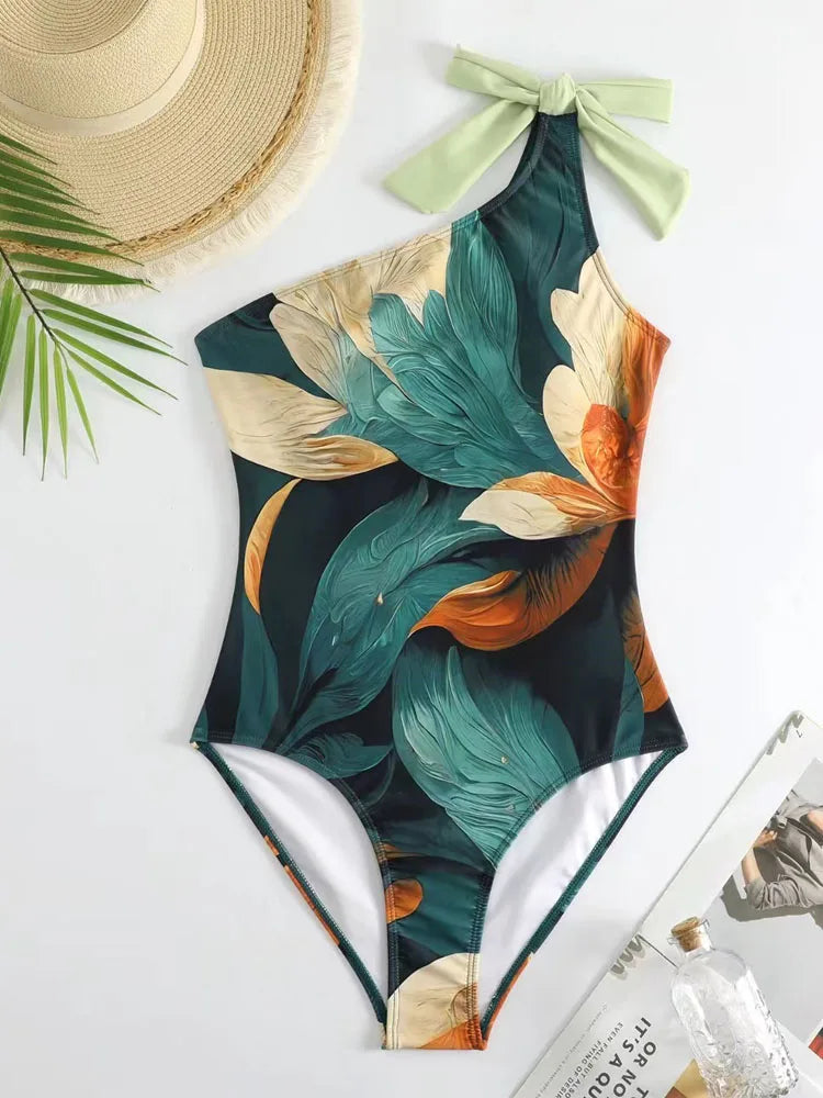Sexy One Shoulder Printed Swimwear Women 2023 Vintage High Waisted One Piece Swimsuit with Cover Up for Beach Vacation, Swim