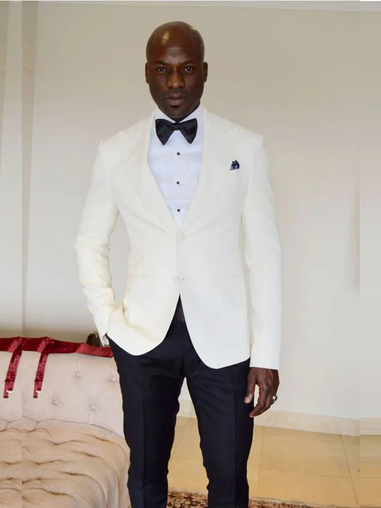 Men's 2 Pieces Slim Fit Wedding Formal Groom Tuxedos Two Buttons White Jacket Black Trousers Casual Business Men Suits Sets