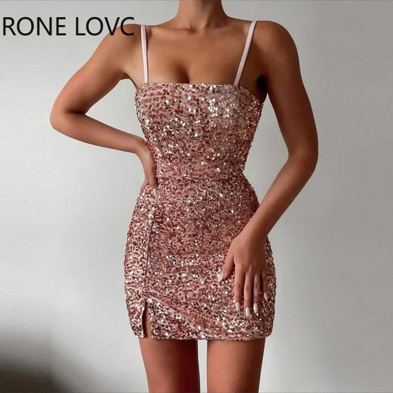 Women Sexy Elegant Sequins Cami Spaghetti Strap Small Silt Mini Bodycon Sexy Party Dress