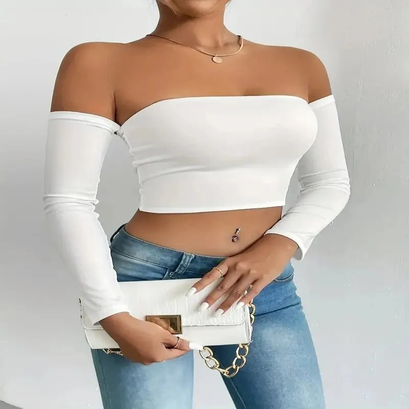 Damen von Schulter Langarm Crop Top - Casual Frühling/Herbsthemd