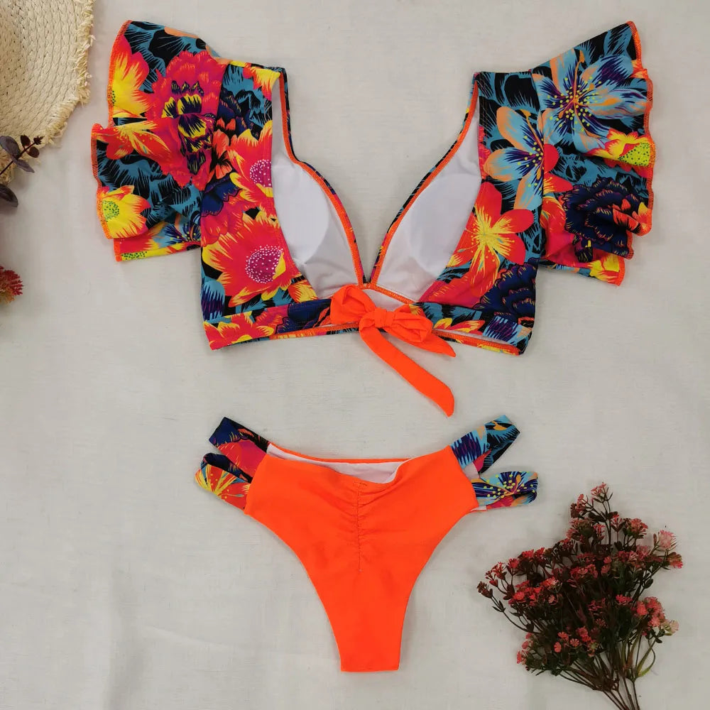 2024 New Ruffled Sexy Bikini Set Women Floral Beachwear V-Neck Bathing Suit High Waist Biquini Swimwear Female 2 Piece Swimsuits
