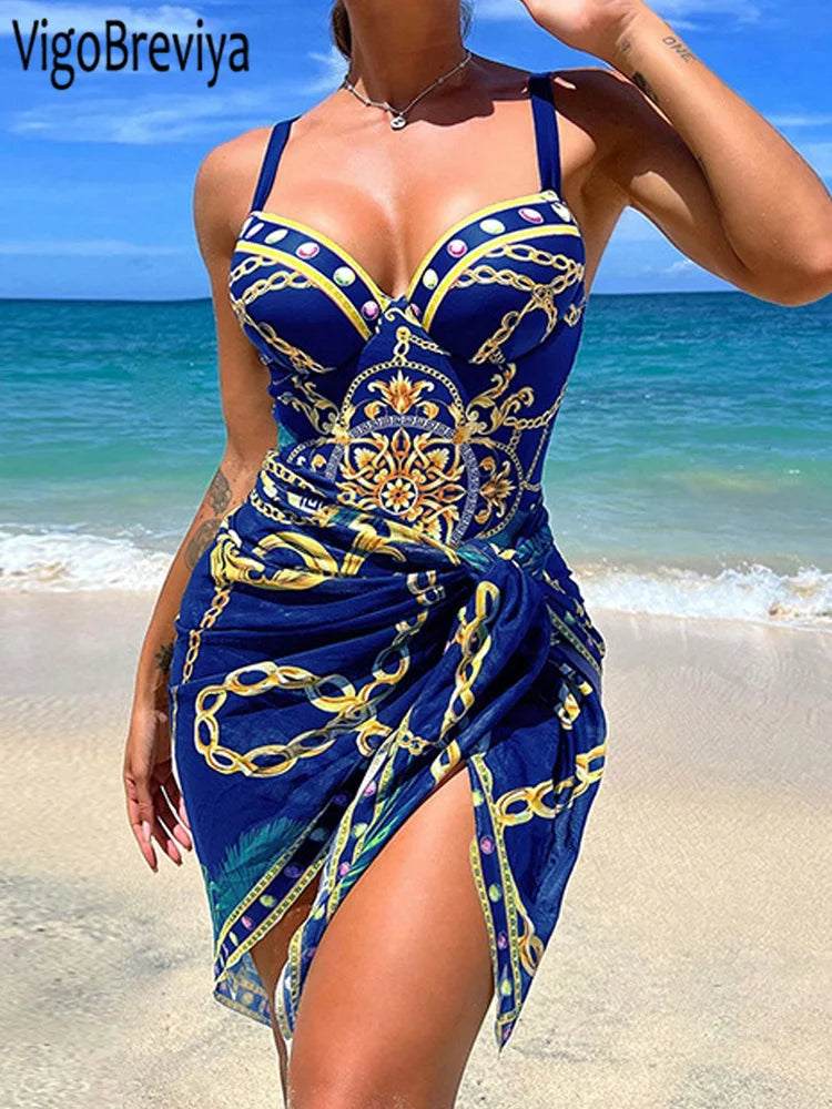 Vigobeviya 2024 Sexy estampado atado a 2 piezas Swimwear mujeres atadas por una pieza traje de baño sin espalda monokini