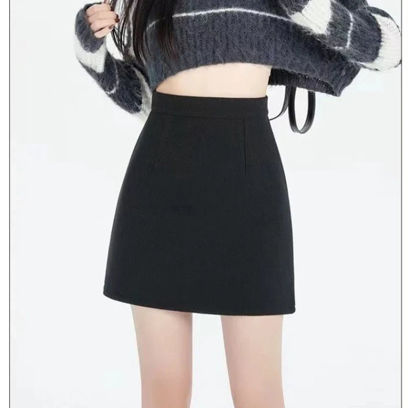 Vintage Fashion Autumn Winter New Woolen Women Solid Zipper Korean Temperamen Chic High Waist Short Slim A-line Hip Wrap Skirt