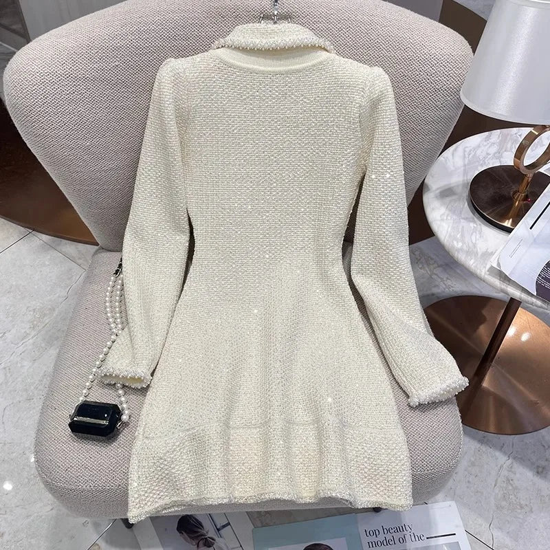 Elegant luxury Small Fragrance Knitted Dress Women Sequin Pearl Buttons Trendy Waist Up Slim Mini Dresses Spring Autumn New