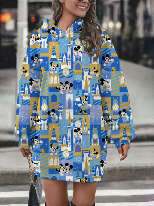 Women's hooded pullover sweatshirt fashion loose autumn and winter hoodie Disney chic retro print long-sleeved dress