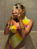 Fashion Gradient Diagonal Collar Dresses Irregular Hollow Out Backless Sleeveless Dresses Spring Summer Lady Party Club Vestidos