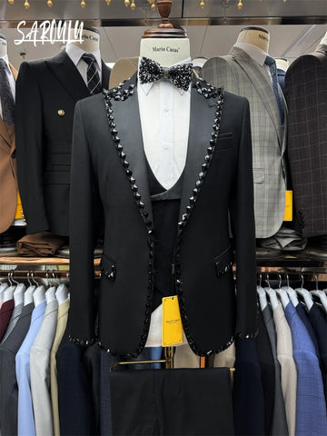 Decent Black Men's Suit Popular Peak Lapel Beading Loose High Quality Groom Wear Four Seasons Party Handsome Banquet Set