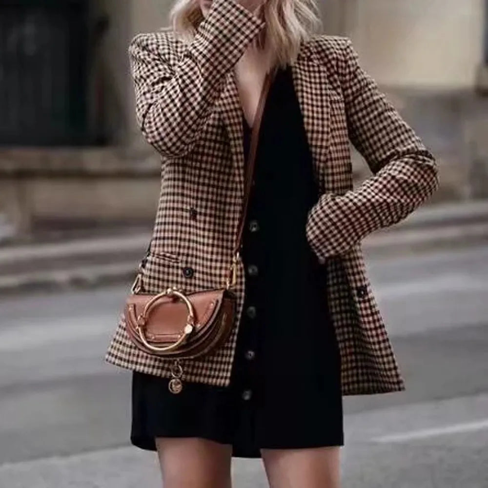 Retro Women Plaid Blazer Notched Collar Lattice Suit Jacket Double Breasted 2023 Office Lady Loose Blazer Coats Chic Outwear