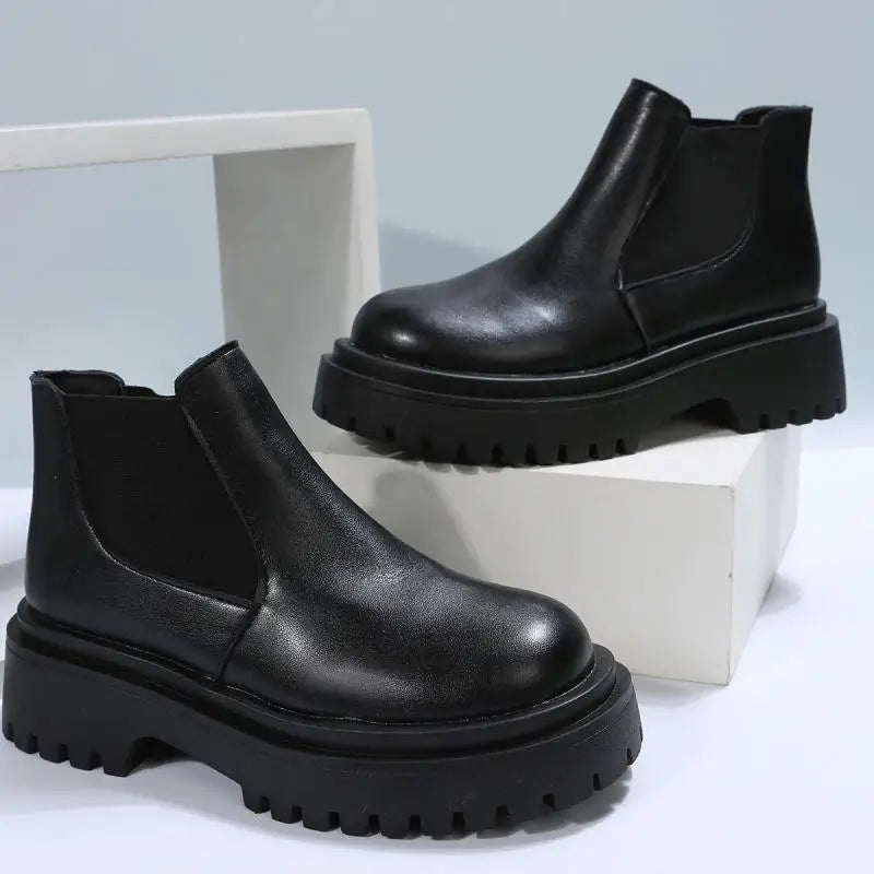 Chelsea Boots for Women 2023 PU Leather Ankle Booties Woman Punk Thick Bottom Slip on Combat Boots Black Chunky Platform Botas