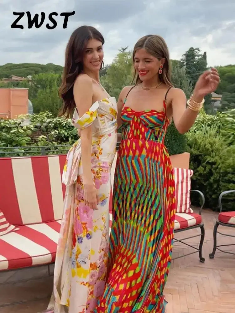 Estampado contrastante ling maxi vestidos para mujeres playa colorido sin mangas sin mangas sin carpintería