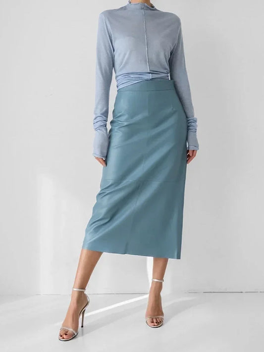 Khaki Wrap Skirts for Women 2023 Spring Elegant Simple PU Slit A Line Midi Skirts Black Sexy Slim High Waist Bodycon Skirt