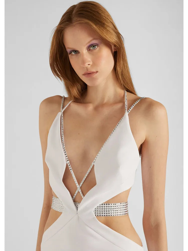 Women Luxury Sexy V Neck Cut Out Diamonds Crystal White Maxi Long Bandage Dress Celebrity Elegant Evening Party Club Dress