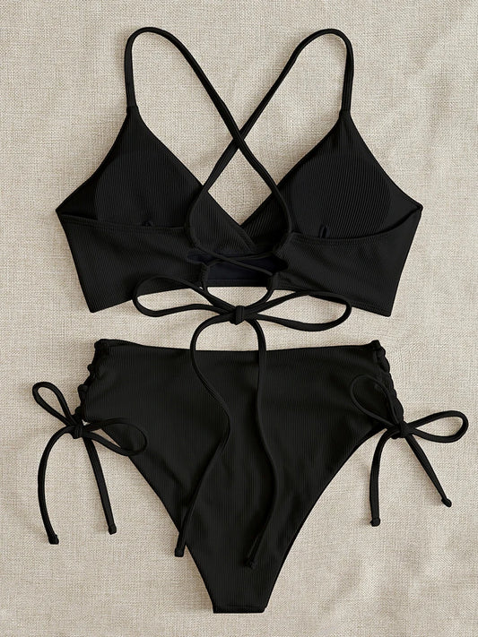 Bikini Women Swimsuit 2024 New Solid Black High Waist Bikinis Set Lace Up Bathing Suit Swimwear Summer Brazilian Beach Two Piece