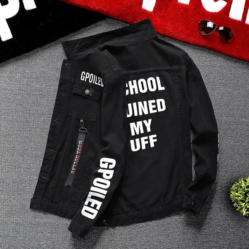 Male Jean Coats Button Punk Men's Denim Jacket Red Slim Fit With Print Worn Large Size Trendy Korean Style Designer Cowboy G L