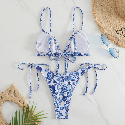 sexy floral print micro bikini blue and white porcelain bikini swimwear swimsuit women biquini thong bikini set bathing suits