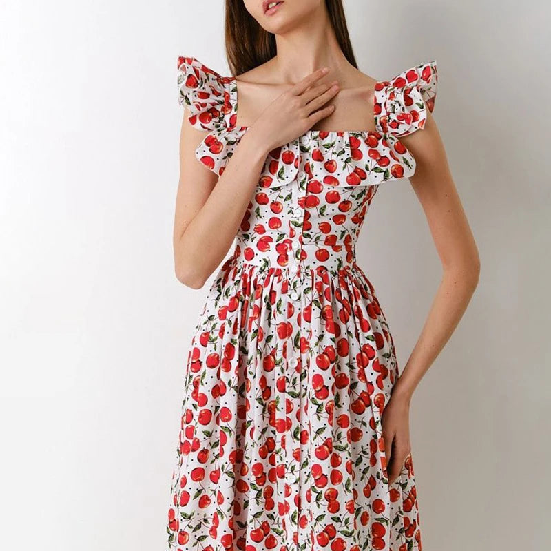 Sexy Square Neck Flying Sleeve Long Dress Elegant Floral Print Hight Waist Party Dress Women Fashion Button Pleated Bohe Dresses