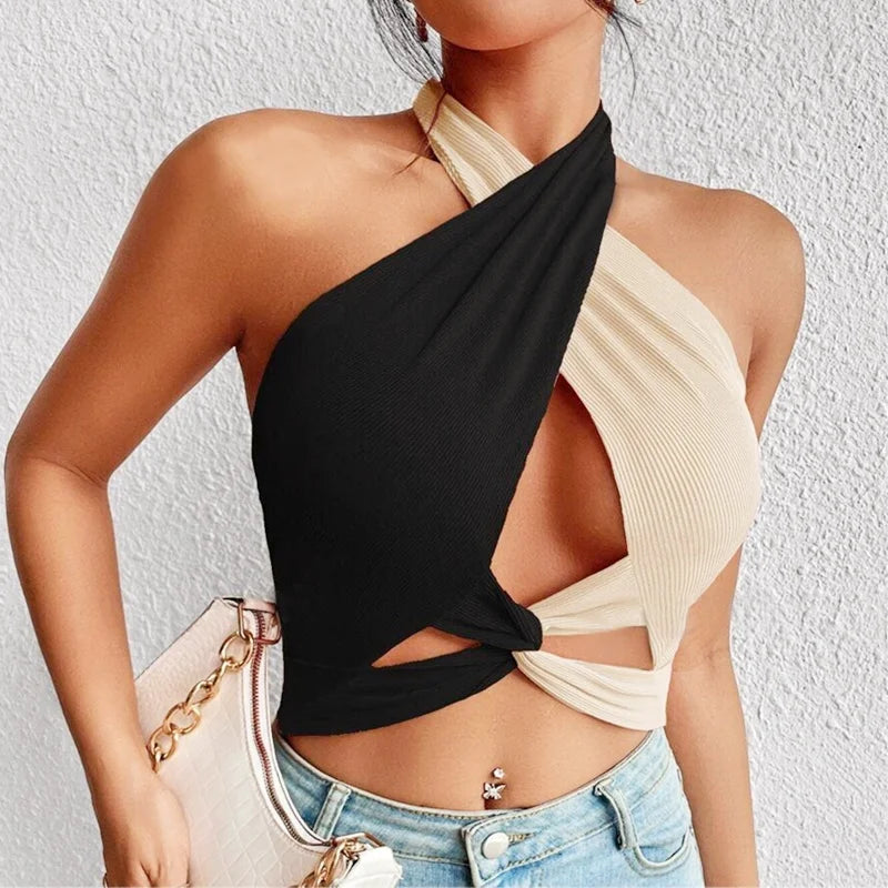 Women Summer Tank Tops Sexy Patchwork Cross Halter Neck Straps Hollow Crop Tops High Street Wear 2024 New Fashion