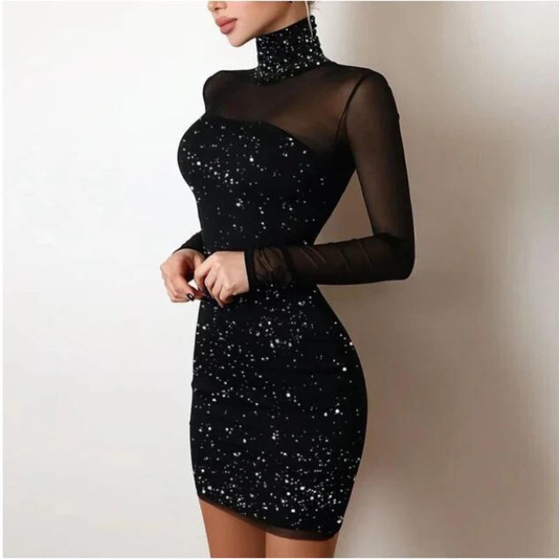 Frauen Mini Kleid sexy Spitze Langarm Slash Hals Rollkragenpullover Nacht Club Party Bodycon Kleid Neue elegante Prinzessin Kleid