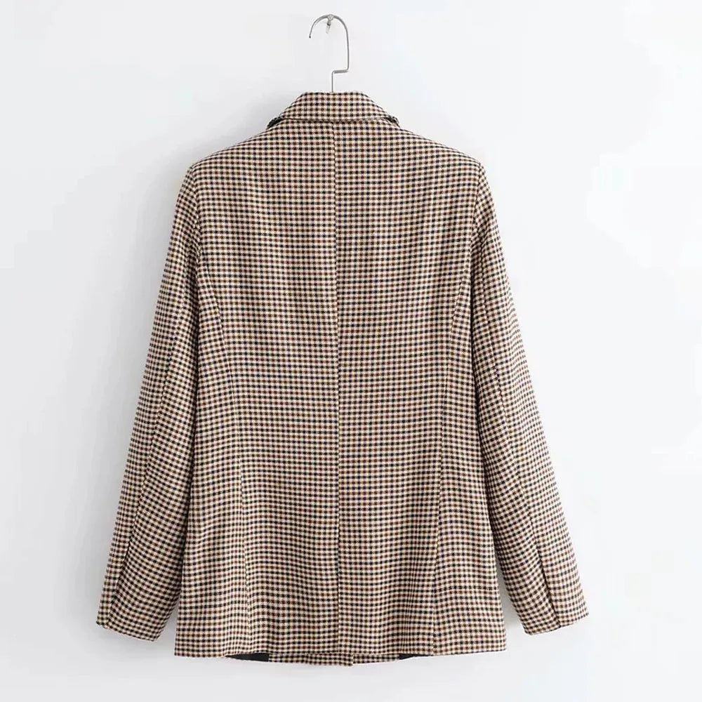 Retro Women Plaid Blazer Notched Collar Lattice Suit Jacket Double Breasted 2023 Office Lady Loose Blazer Coats Chic Outwear