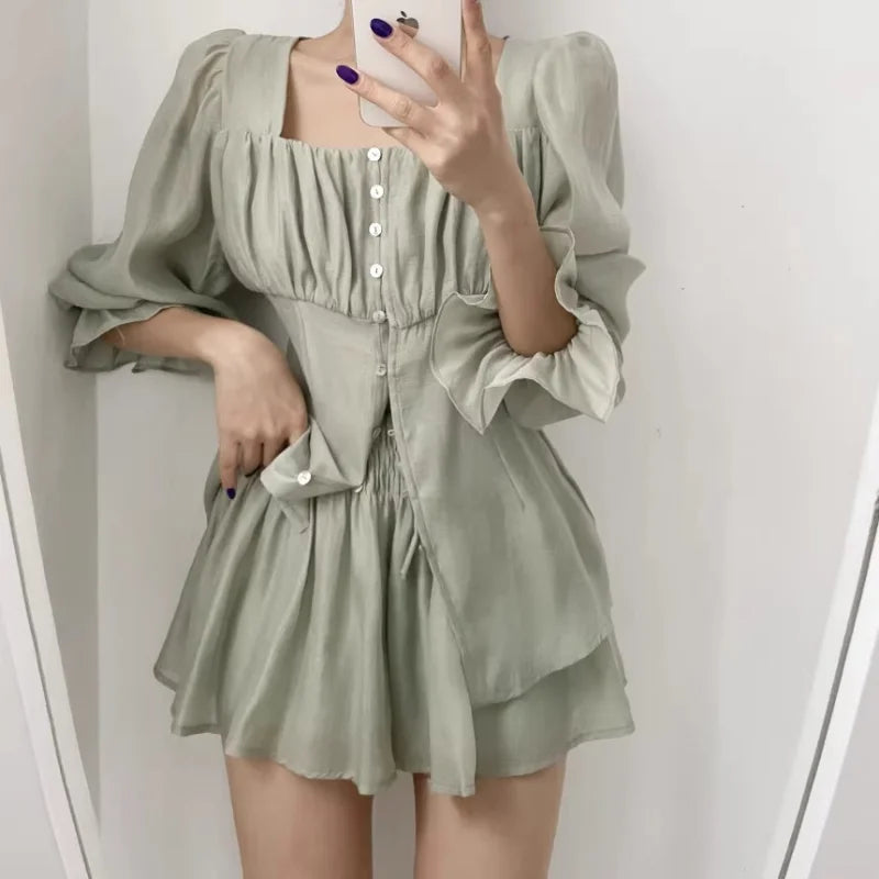 Fashion Summer Outfits for Women 2023 New Long Sleeves Blouse + Thin Shorts Sets Fairy Girls Pure Color Ladies Two Piece Set