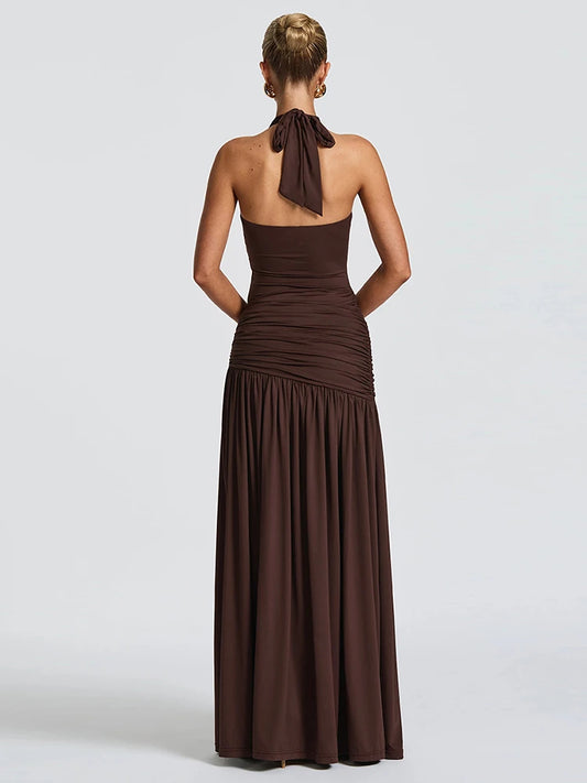 Folds Halter Maxi Dress Women Bandage Backless High-Side Splits Low-Neck Sleeveless Metal Trim Fit Temperament Vestidos