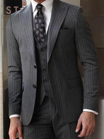 Business Spring Grey Stripe Suits for Men Peaked Lapel Slim Fit Custom Made Man Suit Terno Masculino Completo Traje De Hombre