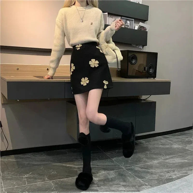 Sweet Fashion Preppy Style Autumn/Winter New Women's Woolen Embroidered Zipper Korean Casual High Waist Slim Short A-line Skirt