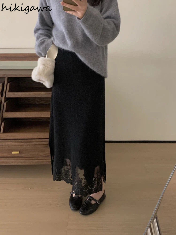 Patchwork Lace Skirts Women Fashion Knitted Jupe 2023 Faldas Mujer De Moda High Waist Tunic Saia Vintage Temperament Long Skirt