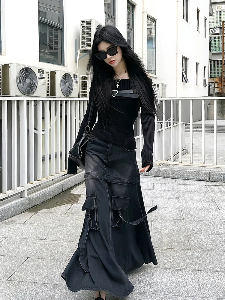 High Quality Black Denim Skirt Thin Office Lady Vintage Fashion Pockets Autumn Winter High Waist A-Line Skirt New Design Gothic