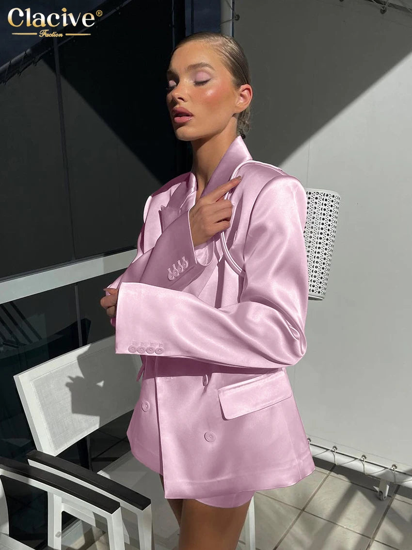 Clacive Fashion Loose Pink Satin 2 Piece Sets Women Outfit 2024 Elegant Long Sleeve Blazer With Mid Waist Mini Skirts Set Female