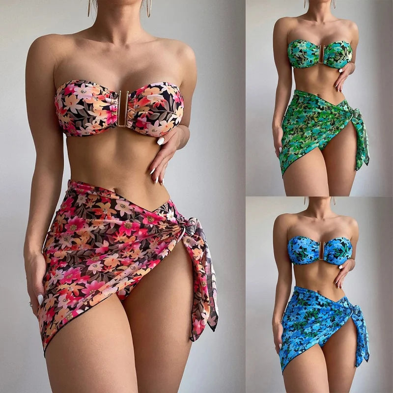 2024 Swimsuit Women's Split Three-Piece Printed Metal U-Shaped Bikini Bikini Swimsuit