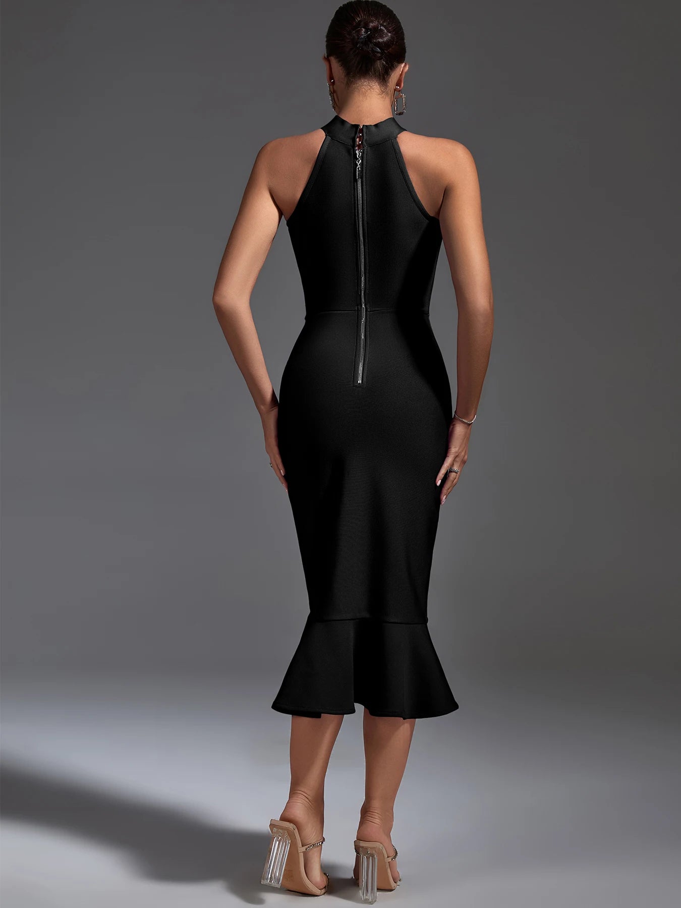 Vestido de vendaje negro Mujeres MDI Party Dress Bodycon Elegant Ruffle Mermaid Sexy Birthday Club Club