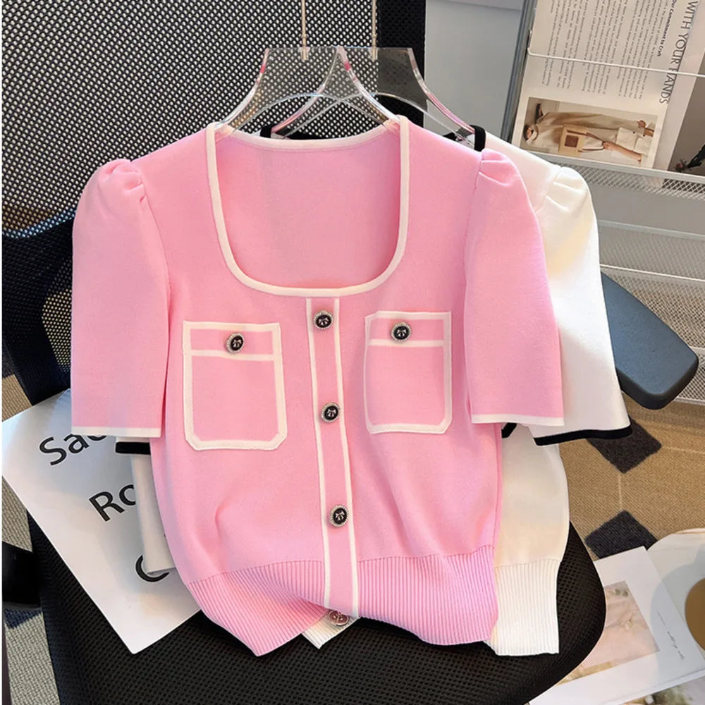 Summer Sweater Women's Knit T-shirt Casual Short Sleeve Woman Clothes Versatile Square Collar Lady Pullover Knitwear Tops Jumper