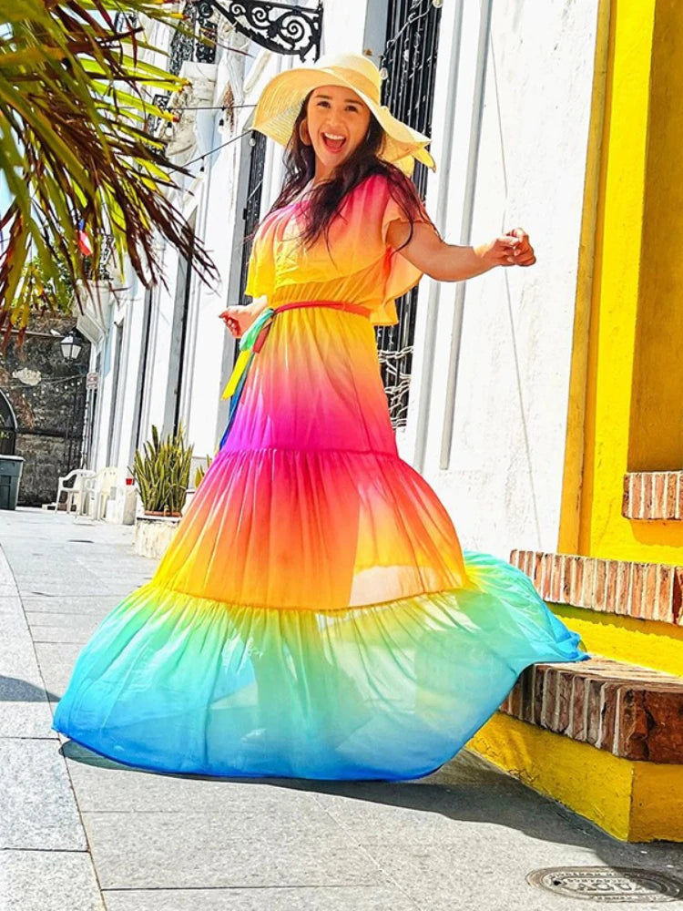 Multicolor bohemio volante fuera de hombro vestido de fiesta autogildeada túnica de algodón boho maxi vestidos vestidos a324