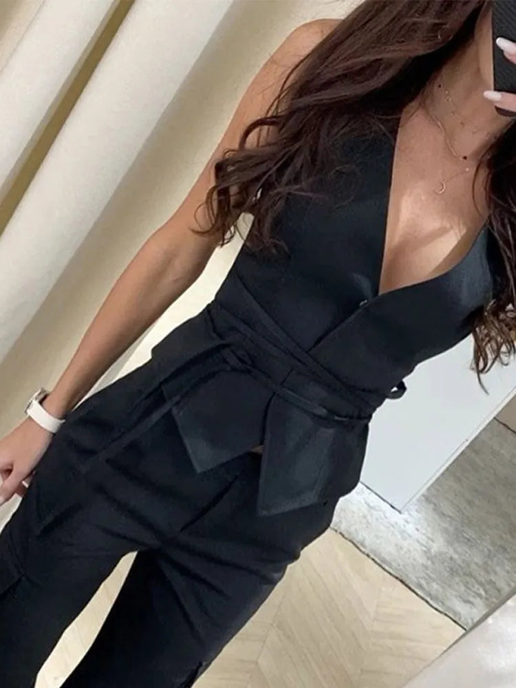 Sexy V-neck Vest Women High Street Sleeveless Lace Up Slim Female Tank 2024 Spring Summer Elegant Solid Office Lady Outwear