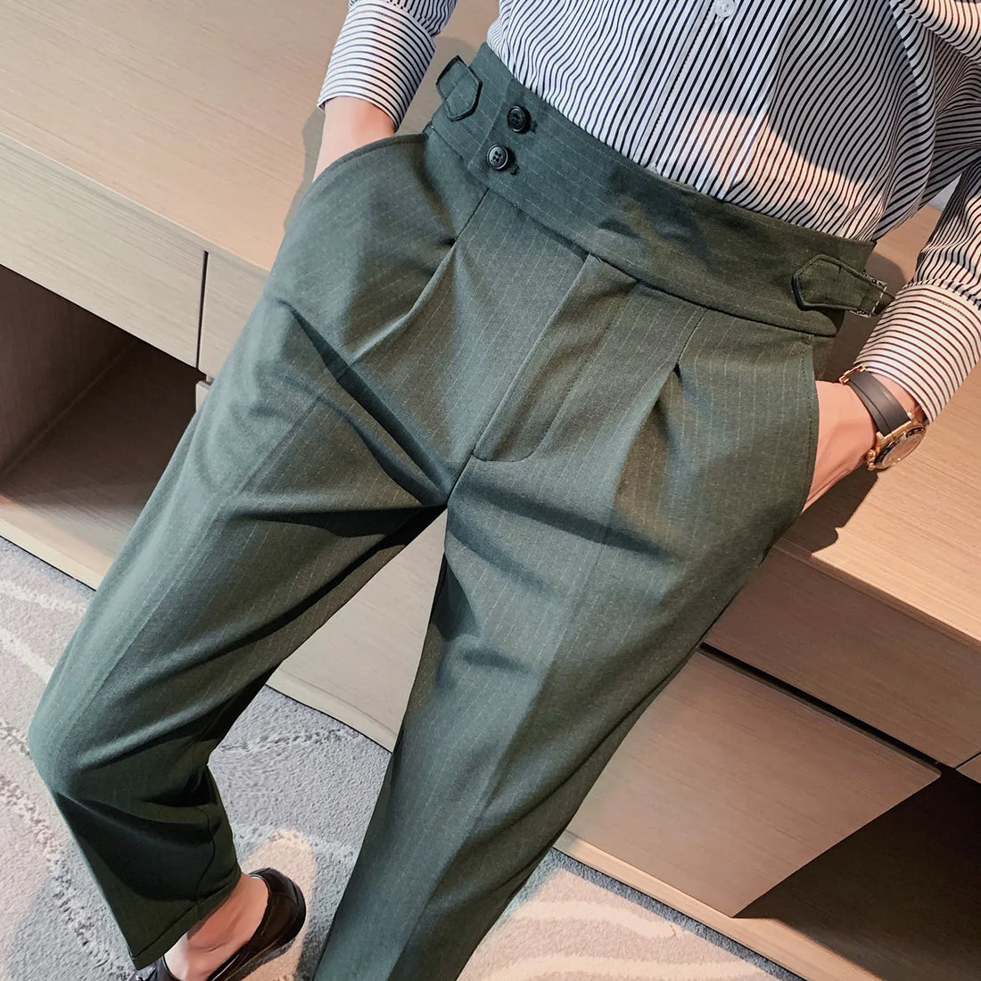 High Waisted Striped Business Suit Pants Men 2023 Autumn Casual Office Social Trousers Wedding Groom Streetwear Men Clothing