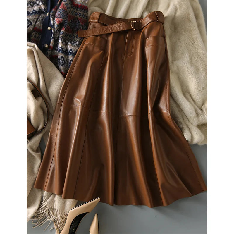 Vintage Brown High Waist A-Line PU Leather Skirt with Belts A Swing Long Office Lady Skirts Autumn/Winter New in Women Outfits